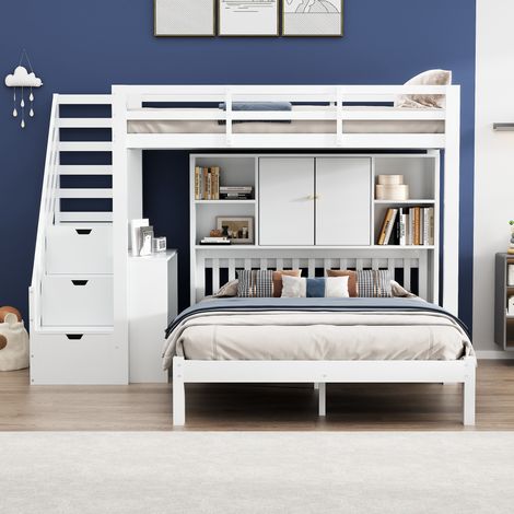 Lit superposé enfant 90x200,lit mezzanine 2 places 140x200 cm,lit enfant,avec escalier de rangement et table d'appoint mobile,blanc (1/5)