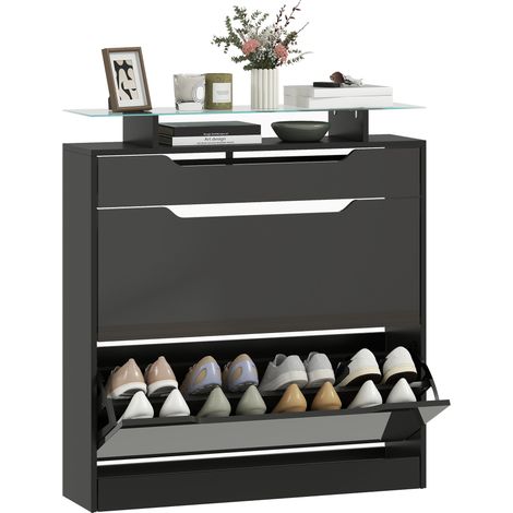 Scarpiera, 2 cassetti a ribalta, 1 cassetto scorrevole, 1 piano d'appoggio, 89x23x96 cm, nera