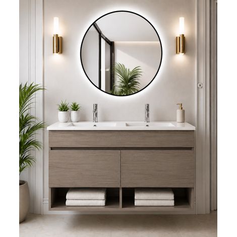 Badmöbel hängend mit Waschbecken extra flach ORIGENBATH NEBARI mit Türen ohne Spiegel 120x45 cm Doppelwaschbecken Smoky-Eiche