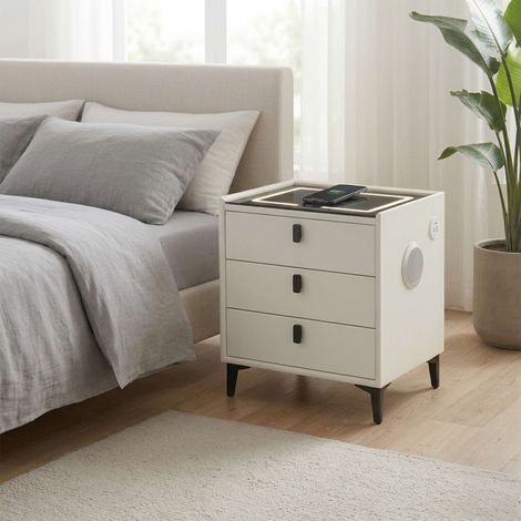 Smart Bedside Table LED Wireless Charging Bluetooth - White (1/4)