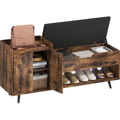 HOMCOM Banco Zapatero, Banco Recibidor Industrial, con Asiento Acolchado, Compartimento Oculto, Estantes, Puertas, Estante Abierto para 3 Pares de Zapatos, para Entrada, 127x35x59 cm, Marrón Rústico