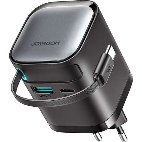 GaN 65W USB-A/USB-C-Wandladegerät mit integriertem USB-C-Kabel – Schwarz (1/5)