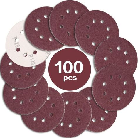 Discos de lija Ineasicer 100 piezas 125 mm, grano 120, discos de lija de 8 agujeros, ideales para lijar/pulir para lijadoras orbitales aleatorias (1/2)