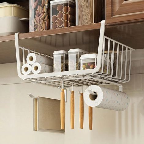 Panier suspendu en fil métallique pour garde-manger, organisateur de rangement rétractable sans perçage pour porte d'armoire, panier gain de place sous étagère pour la cuisine et la maison - Blanc (1/5)