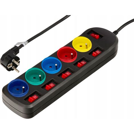 Regleta de extensión con 5 enchufes, 5 m, con toma de tierra, color negro KD4002-CZ (1/5)