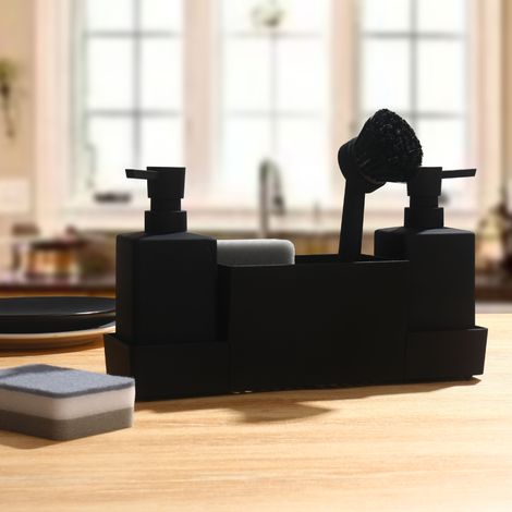 Organisateur d'évier de cuisine,distributeur de liquide vaisselle,accessoires de rangement,brosse à vaisselle avec distributeur de liquide, noir (1/5)