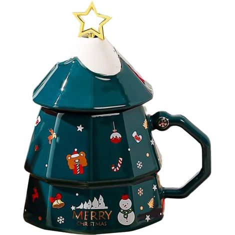 Mug de Noël avec anse, Mug à café en céramique de Noël avec couvercle et cuillère, Tasse à thé, Mug sapin de Noël, Cadeaux d'anniversaire (1/5)