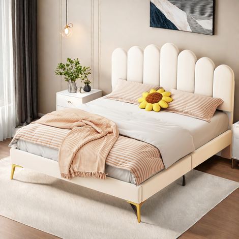 Letto matrimoniale 140 x 200 cm, con testiera regolabile in altezza, rete a doghe, velluto, stile scandinavo, Beige (1/5)