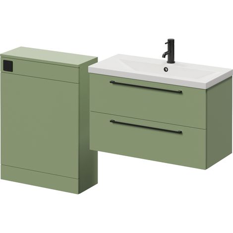 Napoli 390 Cento Olive Green 1400mm Wall Mounted 2 Drawer Vanity Unit and Toilet Suite with Glide Basin - 1400mm - Matt Black 480mm HandleWithout Kingston Toilet Pan