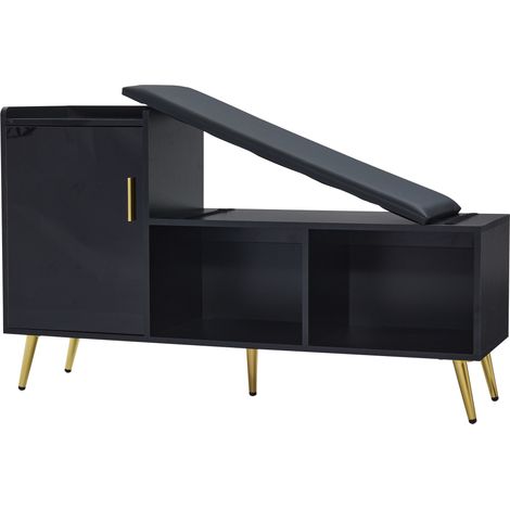 Zapatero con banco de entrada negro brillo con asiento acolchado y almacenamiento 120 x 35 x 71,5 cm (1/5)