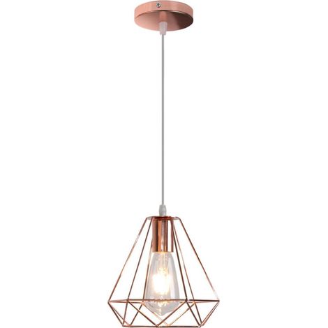 Lampe Suspension Cage forme Diamant Contemporain Lustre Abat-jour Or rose pour Salon Cuisine Salle à Manger (1/5)