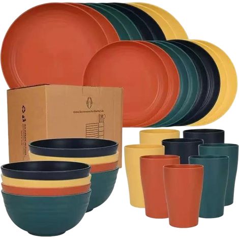 Set Vaisselle 32 Pièces - Assiettes Plats Salades Bol Tasses - En Fibre De Paille De Blé Et Polypropylène - Pour Intérieur Extérieur - 8 Personnes (1/5)
