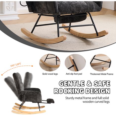 Fauteuil à bascule Irovami - Rocking chair avec airbags, dossier haut et rangement, en tissu chenille noir, pour salon et chambre (1/5)