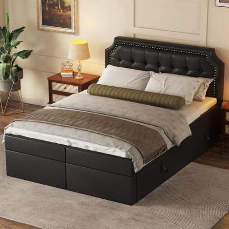 Lit Double 140x200 cm - Lit Adulte avec Coffre de Rangement Double Ouverture - Capitonné Similicuir avec Cadre Métallique - Blanc - sans Matelas (1/5)
