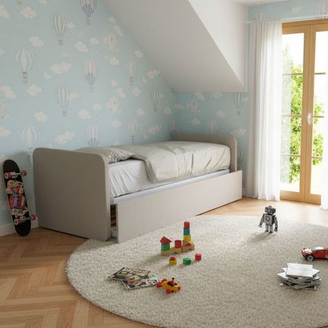 Letto singolo con letto estraibile, trasformabile in matrimoniale. Testate personalizzabili, reti in acciaio e doghe in faggio - Effetto tessuto