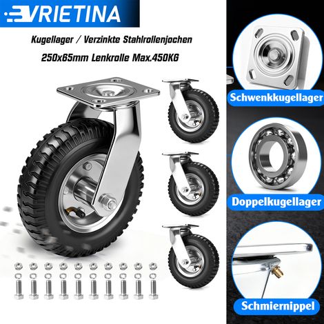 Lot de 4 Roulette Pivotante Gonflable, Ø 250mm 450Kg Max, 360° Roues Pneumatiques, Modèle Pivotantes, pour Manutention et Transport