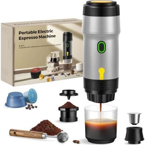 Cafetière portable 3 en 1, 20 bars, extraction à 92 °C, batterie 7500 mAh, chargement allume-cigare USB/12 V, machine à expresso pour capsules et café moulu (argent) (1/5)