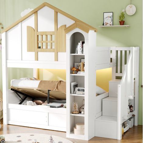 Litera infantil 90x200 + 90x200 con almacenaje, LED y escalera blanco/natural DESVIAE (1/5)