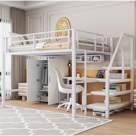 Lit mezzanine 140x200 avec bureau et armoire HAVRYA
