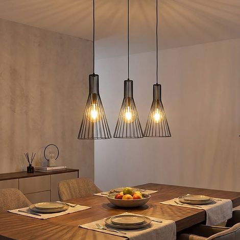 Lampada a sospensione nera lampada a sospensione lampada da tavolo da pranzo lampada da sala da pranzo a 3 luci, design a gabbia industriale, metallo nero, 3x attacco E27, LxPxA 84x20x120 cm (1/5)