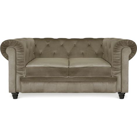 MEUBLER DESIGN Chesterfield Canapé 2 Places - Velours Taupe - 2 Places Chesterfield, Contreplaqué, Mousse polyether, Rectangulaire, Style Anglais, 158 x 82 x 72 cm (1/3)