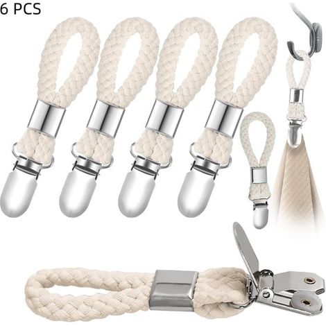 Confezione da 6 clip per appendere asciugamani con anelli in cotone intrecciato per cucina e bagno (beige, 11,5 x 2,3 cm) (1/5)