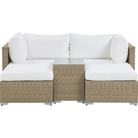 Conjunto de exterior 2 plazas de ratán marrón blanco sintético mesa cojines Noto (1/5)