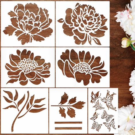 7 Pièces Pochoir Peinture Grands Fleurs,Pochoir pour Dessin Avec Modèles Rose,Modèles Réutilisables pour Clôture de Jardin Bois Meubles Mur Maison Décor (30 x 25.5cm) (1/5)