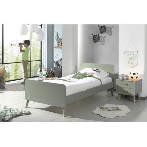 TINY GREEN - Pack Lit 90x200cm + Chevet 2 Tiroirs Vert Olive (1/4)