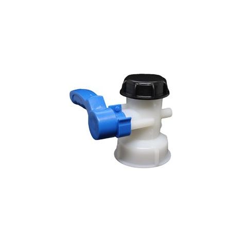 Kit de jardin : Adaptateur IBC DN40. Vanne de sortie à bille à filetage grossier de 62 mm pour conteneurs IBC et citernes d’eau de pluie, avec raccord de tuyau simple.