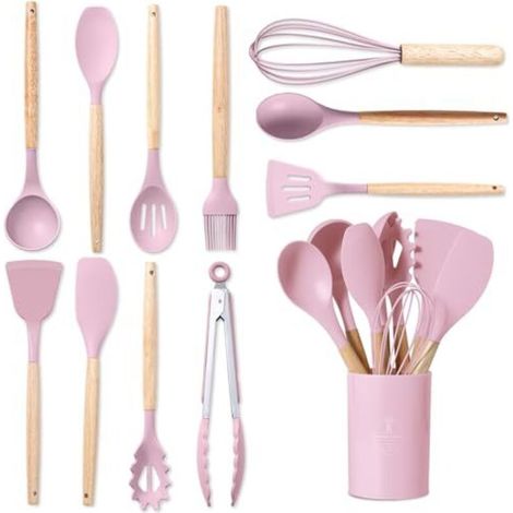 12-teiliges Küchenhelfer-Set aus Silikon, aus hochwertigem Silikon mit Holzgriffen, geeignet für alle Töpfe und Pfannen (Rosa)