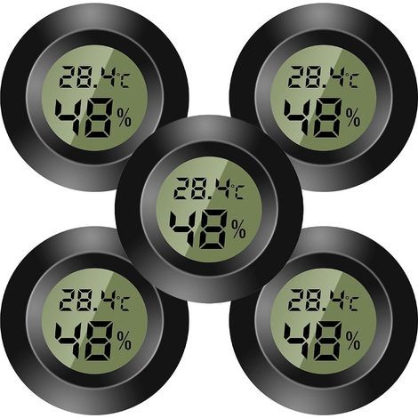 Lot de 5 mini thermomètre environnement intérieur numérique, hygromètre numérique, moniteur de température et d'humidité pour maison, crèche, incubateur de guitare reptiles serre de voiture, noir (1/5)