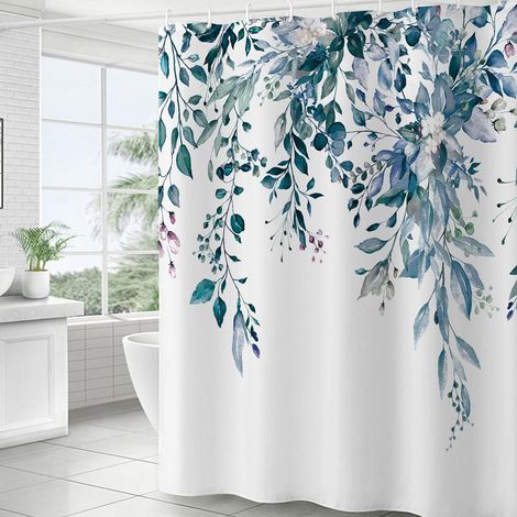Rideau De Douche - 183 x 91 cm - Polyester - Imprimé Eucalyptus Vert Et Fleurs Aquarelle Rose - Avec 12 Crochets C (1/5)