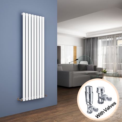ELEGANT Vertical Column Designer Radiator White Oval Single Panel Rad 1600 x 472mm + Chrome Thermostatic Radiator Valves (1/5)