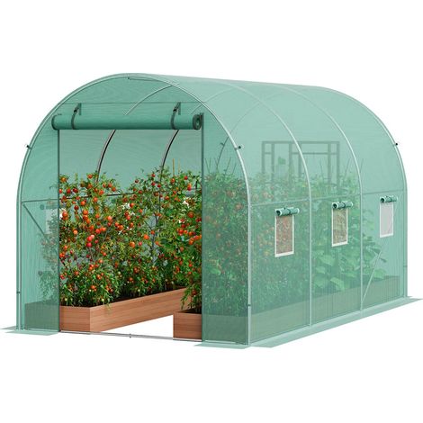Gewächshaus Tunnel begehbar 345x195x192 cm – Stabiler Folientunnel mit Stahlrahmen und PE-Abdeckung, Tomatengewächshaus mit aufrollbarer Reißverschlusstür für Garten & Pflanzen