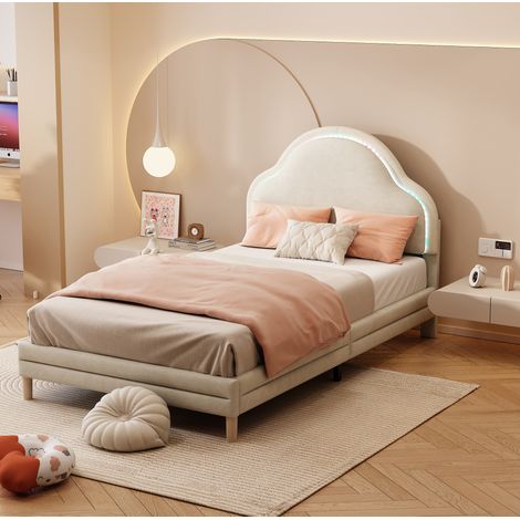 Lit enfant rembourré en velours beige 90x200 cm, tête de lit nuage avec bande LED multicolore et sommier à lattes (1/5)