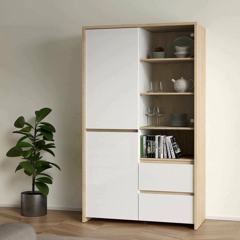 Dmora - Vitrina Nadine, Aparador de exposición, Vitrina multiusos, Aparador de salón, 100x48 h170 cm, Roble y Blanco brillante (1/5)