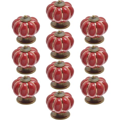 Set mit 10 Vintage-Türknöpfen aus Keramik in Kürbisform, Rot