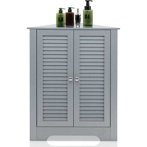 Meuble d'angle gris en MDF avec 2 portes et étagère réglable, rangement compact pour salle de bain, entrée et chambre (1/5)
