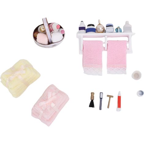 Ensemble Salle de Bain Miniature 1:12 Poupée Accessoires Réalistes Étagère Panier Serviettes Bois Coton Décoration Maison (1/5)