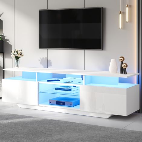 Meuble TV 160x40x45 cm LED 2 portes MDF blanc OKMYHOME (1/5)