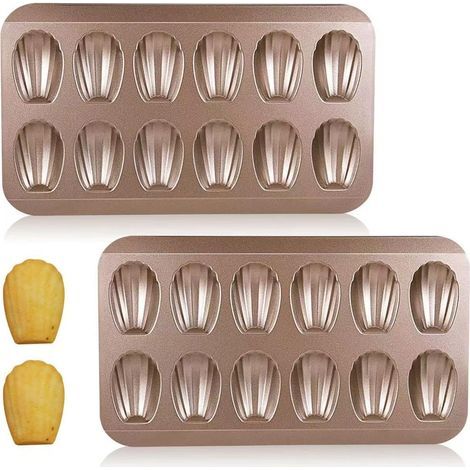 Lot de 2 plaques de cuisson, moule robuste en forme de coquillage à 12 alvéoles, plaque antiadhésive pour biscuits et gâteaux, adapté au four (couleur or). (1/5)