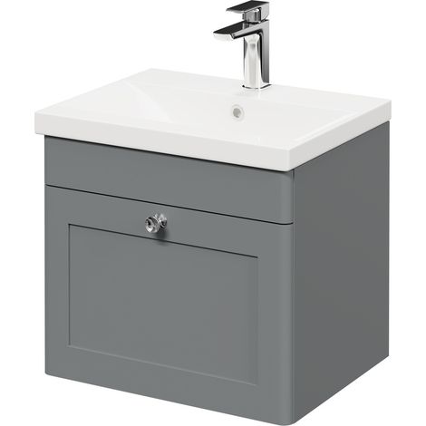 Wholesale Domestic Danbury Satin Grey 500mm Wall Mounted Vanity Unit with 1 Tap Hole Modern Basin and Single Drawer with Polished Chrome Handle (1/5)