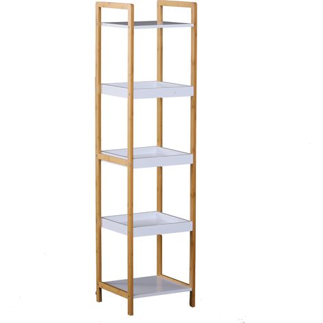 Homcom – Étagère de salle de bain en bambou – 3 paniers et 2 étagères – Dimensions 32x30x130cm – Résistante à l'humidité – Bicolore beige et blanc