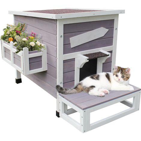 Outdoor Cat Kennel, Weatherproof Cat House with Evacuation Door, Single Tier Outdoor Wooden House for Cats, Puppies and Small Pets (Grey) (1/5)