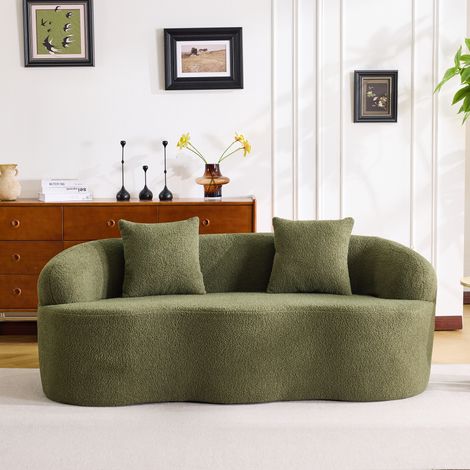 Canapé incurvé vert double, accoudoirs arrondis, sofa compressé beige avec 2 coussins, pour salon ou chambre, prêt à l'emploi (1/4)