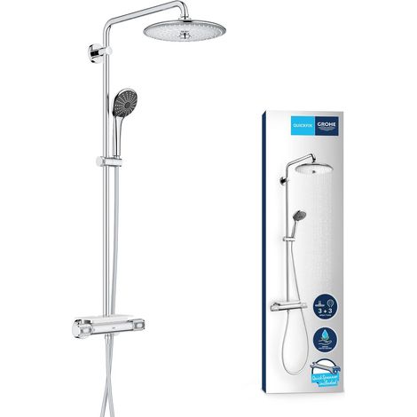 Colonne de douche mitigeur thermostatique, 50% d'économie d'eau et d'énergie, tablette incluse, tête de douche 260mm, douchette 3 jets, chromé, 26403002 (1/5)