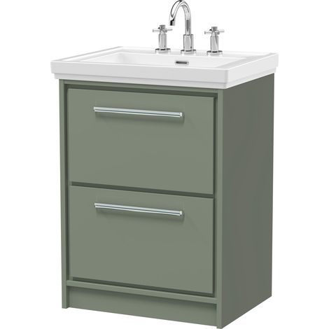 Balterley Longnor Modern Bathroom Floor Standing 2-Drawer Vanity Unit with Fireclay Basin, Fern Green, 600mm