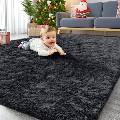 Tapis Moelleux à Poils Longs - Dessous antidérapant - Lavable - pour Le Salon, la Chambre d'enfant, la Chambre à Coucher - 160 x 220 cm, Noir (1/5)