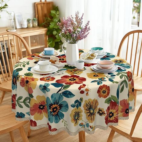 Runde Tischdecke 120 cm Wetterfest Vintage Wildblumen Muster für Garten & Küche